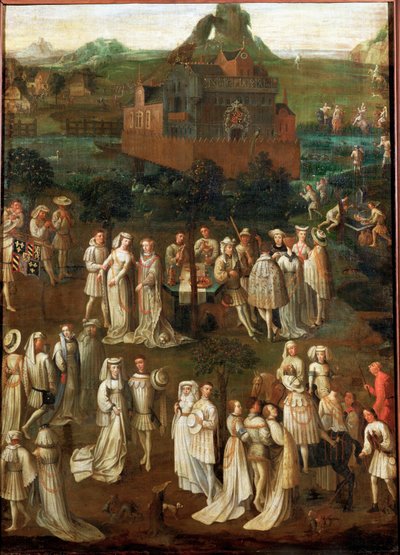 Hofsocietet foran et burgundisk slot (olie på træ) af Jan van Eyck