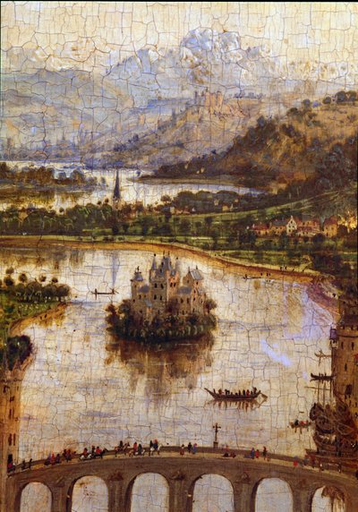 Landskab”” Detalje af “” Jomfruen af kansler Rolin””” Nicolas Rolin (1376-1461) var kansler i Bourgogne under Philippe Le Bon og grundlægger af Hospices de Beaune i 1443. Maleri af Jan van Eyck (1390-1441) af Jan van Eyck