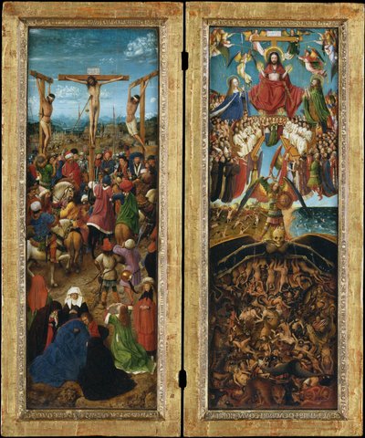 Korsfæstelsen; The Last Judgment, c.1440-41 (olie på lærred overført fra træ) af Jan van Eyck