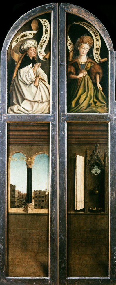 Gent-altertavlen. Tilbedelse af det mystiske lam: buet vindue med udsigt..., 1432. af Jan van Eyck