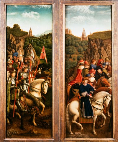 Gent-altertavlen. Adoration of the Mystic Lamb: Just Judges and the Knights of Christ, 1432. af Jan van Eyck