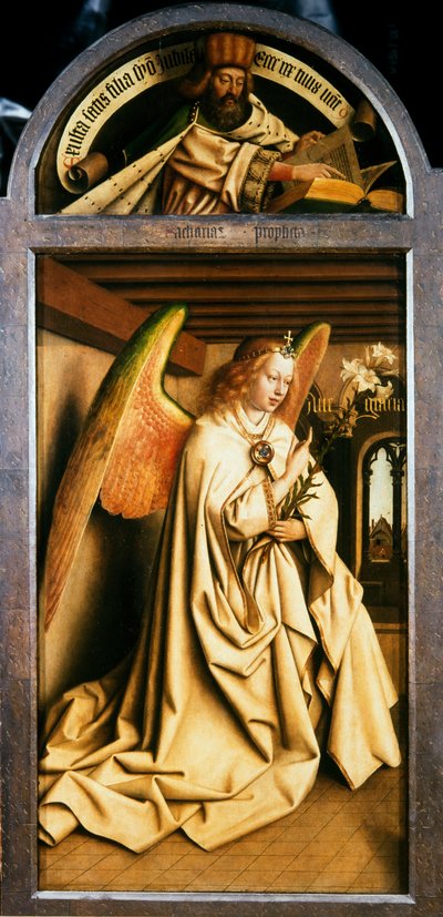 Gent-altertavlen. Tilbedelse af det mystiske lam: Ærkeenglen Gabriel, 1432. af Jan van Eyck