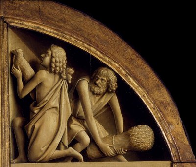 Gent-altertavlen. Tilbedelse af det mystiske lam: Kains og Abels offer, 1432. af Jan van Eyck