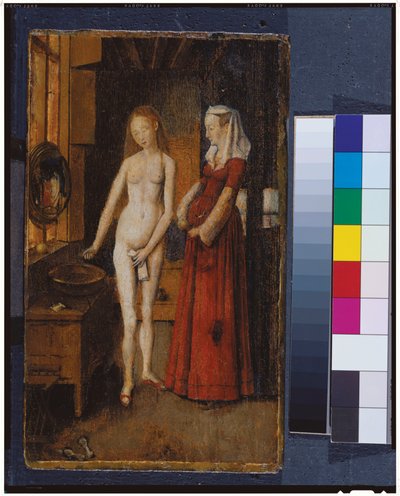 Kvinde ved sit toilet (olie på egetræspanel) af Jan van Eyck