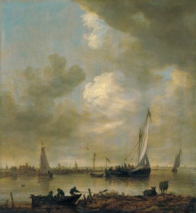 En flodmunding med "Smalschips", fiskere og kvæg, der vander af Jan van Goyen