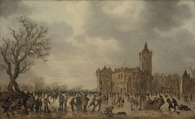 Et vinterlandskab med figurer, der desporterer på isen ved slottet Montfoort af Jan van Goyen
