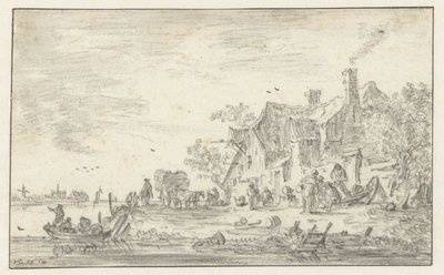 Gård ved bredden af ​​en flod af Jan van Goyen