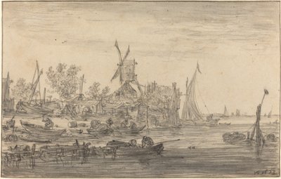 Forstrandscene med vindmølle af Jan van Goyen