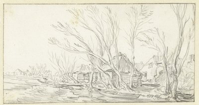 Landskab med krogede nøgne træer til gårde af Jan van Goyen