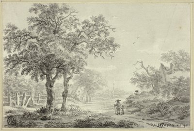 Mand og dreng går ned ad landsbyvej af Jan van Goyen