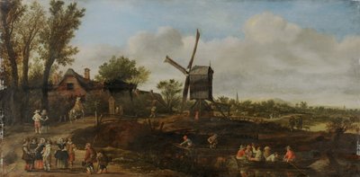 Flodlandskab med vindmølle og både af Jan van Goyen
