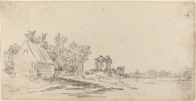 Flodlandskab med en fjern bro af Jan van Goyen