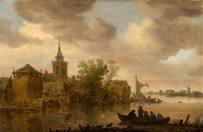 Udsigt over floden med kirke og gård af Jan van Goyen