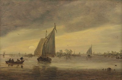Solopgang over Haarlemmermeer med et schmalship og andre både af Jan van Goyen