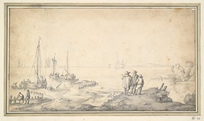 Tre figurer på en klit med udsigt over bugten med skibe af Jan van Goyen