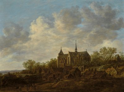 Udsigt over en landsby med en stor gotisk kirke af Jan van Goyen