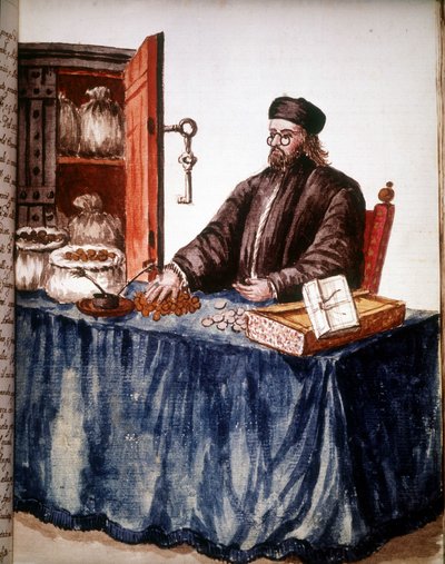 En bankmand i Venedig. Akvareltegning og blæk fra manuskriptet "Venitianernes skikke"" af Jan van Grevenbroek (eller Giovanni Grevenbroich (Grevenbroich) (1731-1807) af Jan van Grevenbroeck