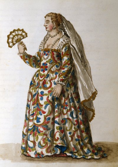 En gentlewoman i aftenkjole, hustru til en dignitær (pen & blæk og wc på papir) af Jan van Grevenbroeck