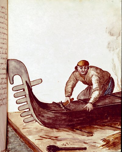 Håndværk: fabrikanten af gondoler Akvareltegning og blæk efter et manuskript af Jan van Grevenbroeck (eller Giovanni Grevembroch (Grevenbroch) (1731-1807) af Jan van Grevenbroeck