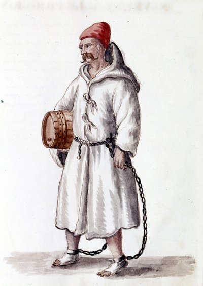 Galerian fra det 17. -18. århundrede. Akvareltegning og blæk fra manuskriptet "Venitianernes skikke"" af Jan van Grevenbroek (eller Giovanni Grevenbroich (Grevenbroich) (1731-1807) af Jan van Grevenbroeck