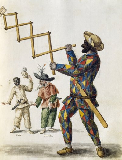 Harlekin, akvarel fra Det venetianske tøj, i næsten alle aldre flittigt indsamlet og malet i det 18. århundrede, af Jan van Grevenbroeck eller Giovanni Grevembroch (1731-1807), Italien af Jan van Grevenbroeck