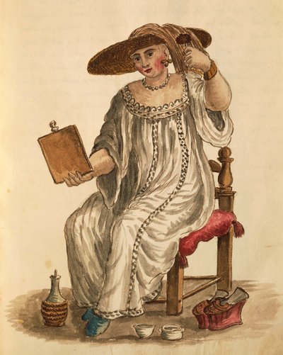 Dame, der sminker sig, af Jan van Grevenbroeck eller Giovanni Grevembroch (1731-1807), Gli Abiti de Veneziani, fra illustreret bog med kostumer, akvarel af Jan van Grevenbroeck