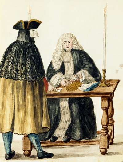 Magistrat spiller kort med maskeret mand, af Jan Grevenbroeck (1731-1807), Italien af Jan van Grevenbroeck