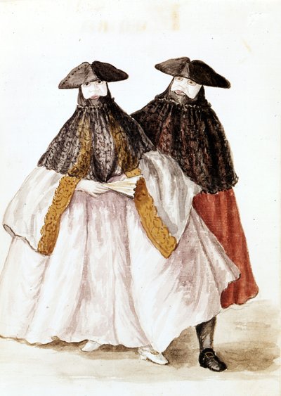Masker af karneval i Venedig. Akvareltegning og blæk fra manuskriptet "Venitianernes skikke"" af Jan van Grevenbroek (dr. Giovanni Grevenbroich (Grevenbroich) (1731-1807) af Jan van Grevenbroeck