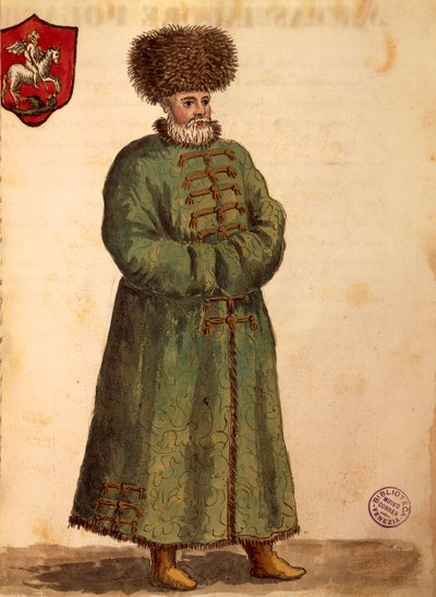 Muscovite-ambassadør, af Jan van Grevenbroeck eller Giovanni Grevembroch (1731-1807), Gli Donne de Veneziani, fra illustreret bog med kostumer, akvarel af Jan van Grevenbroeck