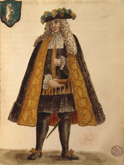 Sardinisk ambassadør, af Jan van Grevenbroeck eller Giovanni Grevembroch (1731-1807), Gli Abiti de Veneziani, fra illustreret bog med kostumer, akvarel af Jan van Grevenbroeck