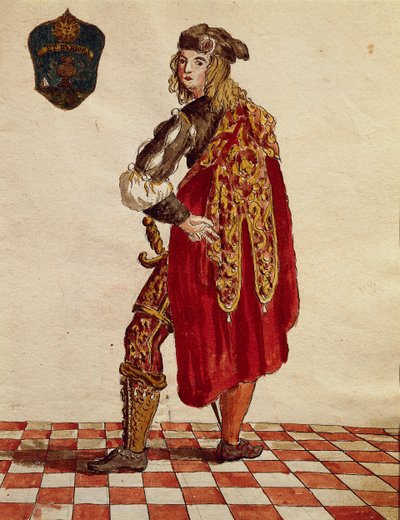 Dragt af ridder af Confraternity de la Calza (Stocking) i 1564, af Jan van Grevenbroeck eller Giovanni Grevembroch (1731-1807), Gli Abiti de Veneziani, fra illustreret bog med kostumer, akvarel af Jan van Grevenbroeck