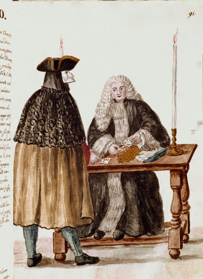 Spillerummet: en karakter maskerer foran dealeren, der trækker kort, mønter samles på bordet Akvareltegning og blæk tegnet fra et manuskript af Jan van Grevenbroeck (eller Giovanni Grevembroch (Grevenbroch) (1731-1807) af Jan van Grevenbroeck