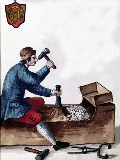 Fremstilling af mønter i Republikken Venedig: prægestadie. Akvareltegning og blæk fra manuskriptet "Venitianernes skikke"" af Jan van Grevenbroeck (eller Giovanni Grevembroch (Grevenbroch) (1731-1807) af Jan van Grevenbroeck