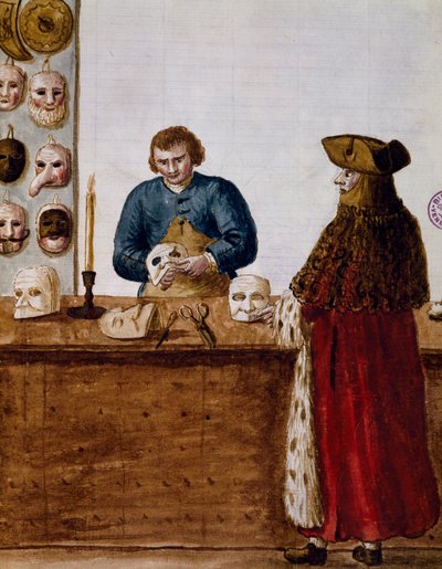 Maskebutikken, illustration fra Illustreret bog med venetianske kostumer, Italien af Jan van Grevenbroeck