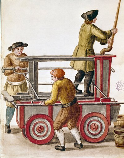 Brug af vandpumpe eller hydraulisk pumpe Akvareltegning og blæk fra et manuskript af Jan van Grevenbroeck (eller Giovanni Grevembroch (Grevenbroch) (1731-1807) af Jan van Grevenbroeck
