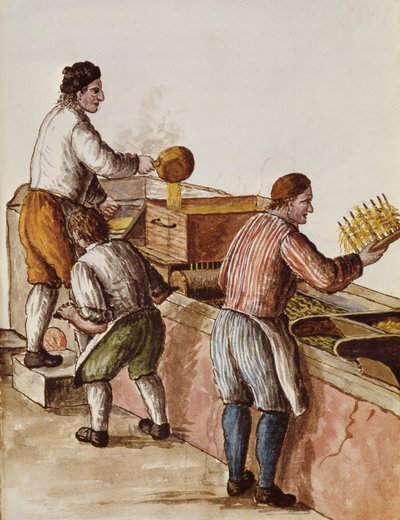 Venetiansk voksraffinaderi (pen, blæk & wc på papir) af Jan van Grevenbroeck