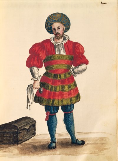 Venetiansk tøj: Venetiansk rejsende, af Jan van Grevenbroeck eller Giovanni Grevembroch (1731-1807), Gli Abiti de Veneziani, fra illustreret bog med kostumer, akvarel af Jan van Grevenbroeck