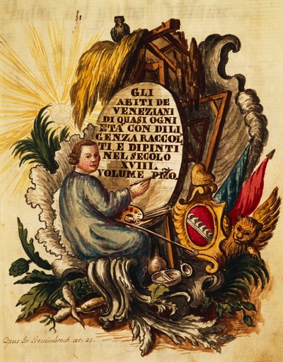 Venetiansk kjole til alle aldre, flittigt samlet og malet, til 1700-tallet, af Giovanni Grevembroch, titelblad af Jan van Grevenbroeck