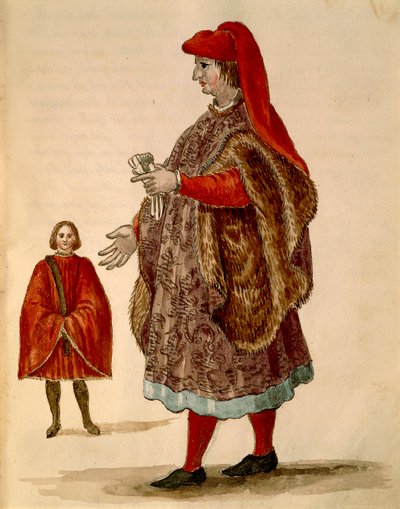 Venetiansk senator iført "Dogalina", formel kappe med brede ærmer, af Jan van Grevenbroeck eller Giovanni Grevembroch (1731-1807), Gli Abiti de Veneziani, fra illustreret bog med kostumer, akvarel af Jan van Grevenbroeck