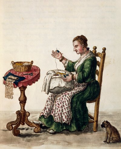 Kvinde laver punto i aria-nålekniplinger, ca 1754, illustration fra illustreret bog med venetianske kostumer, bind III, c 147, af Jan Grevenbroek (1731-1807), akvarel, Italien af Jan van Grevenbroeck
