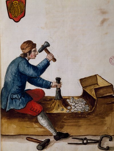 Arbejder ved, mønt, illustration fra Illustrated book of Venetian costumes, af Jan Grevenbroeck (1731-1807), akvarel, Italien af Jan van Grevenbroeck