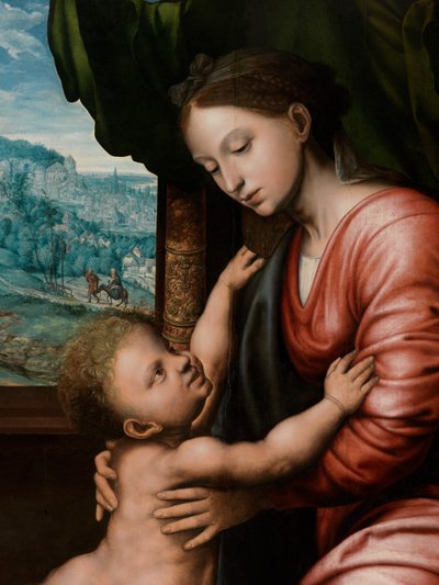 Detalje af Jomfru med barn (olie på panel) af Jan van Hemessen
