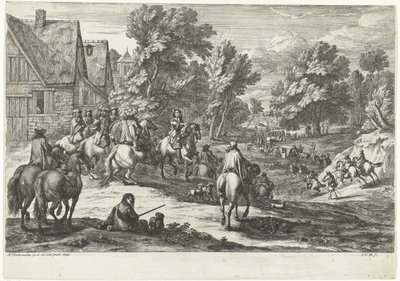 Udsigt over en landsby med ryttere i forgrunden af Jan van Huchtenburg