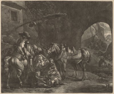 Mor med to børn og en hest foran en kro af Jan van Huchtenburgh