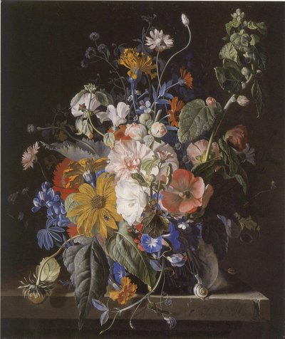 Blomsterstilleben og snegle på en stenafsats af Jan van Huysum