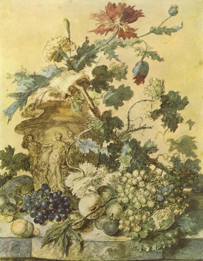 Blomster i en urne dekoreret med figurer omgivet af frugt på en sokkel af Jan van Huysum