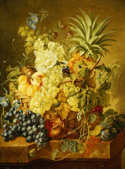 Blommer, en fersken, druer, en melon, en ananas, en figen, ribs, kirsebær og blomster i en kurv, og druer, et granatæble, blommer og en figen, med sommerfugle på en stenkant af Jan van Huysum