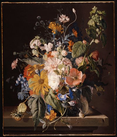 Valmuer, stokrose, Morning Glory, bratsch, tusindfryd, søde ærter, morgenfruer og andre blomster i en vase med en snegl på en afsats af Jan van Huysum