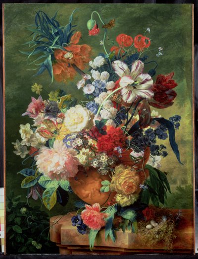 Stilleben med blomster og en fuglerede på en piedestal af Jan van Huysum