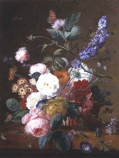 Stilleben med blomster i en kurv af Jan van Huysum